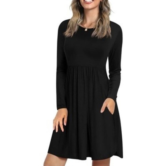 Longyuan Dresses & Skirts - Minimalist Womens Black Long Sleeve Empire Waist Pocket Dress XL New